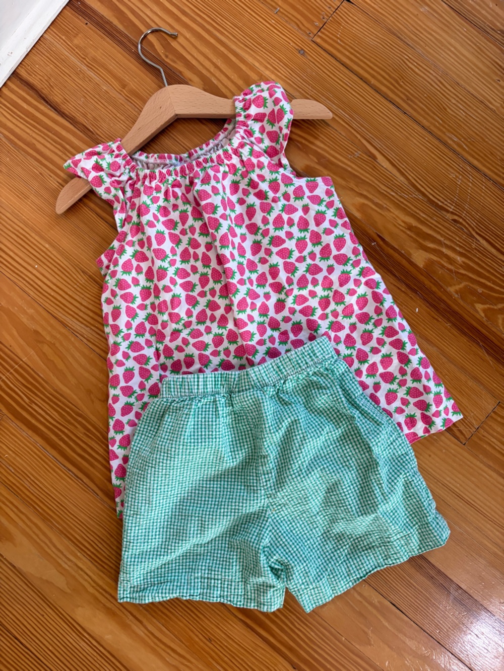 Girls Pink Strawberry Print Top & Green Gingham Shorts Kids Matching Set